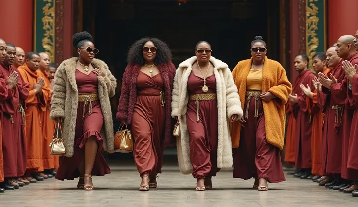 Four obese Black women, dressed in extravagant, luxurious outfits, strut confidently through the grand entrance of a Shaolin tem...
