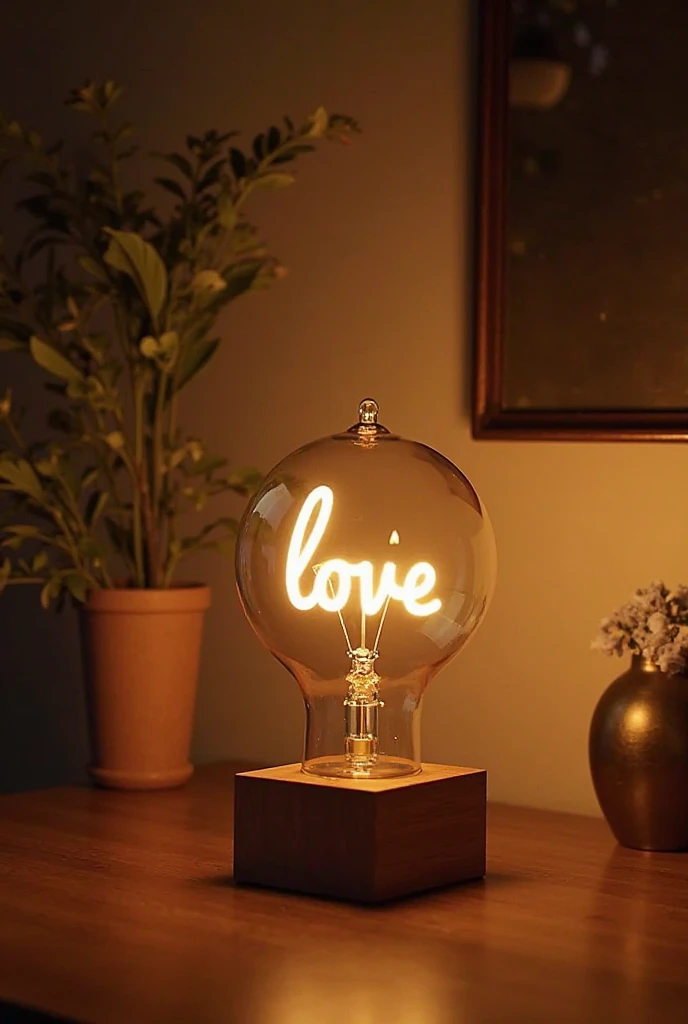 Create a short, aesthetic promotional video featuring this elegant LED Love Bulb lamp. Show the lamp in a cozy, dimly lit room, ...