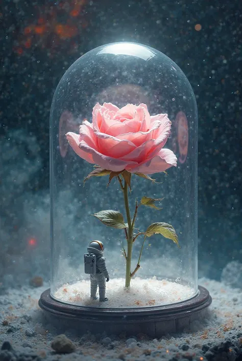 Rose inside a glass capsule and a small astronaut holding