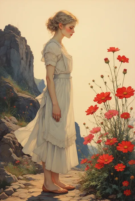 Beautiful blonde woman in profile, full body shot at the edge of a small cliff, wearing 1920's farm maiden clothes and apron, lo...