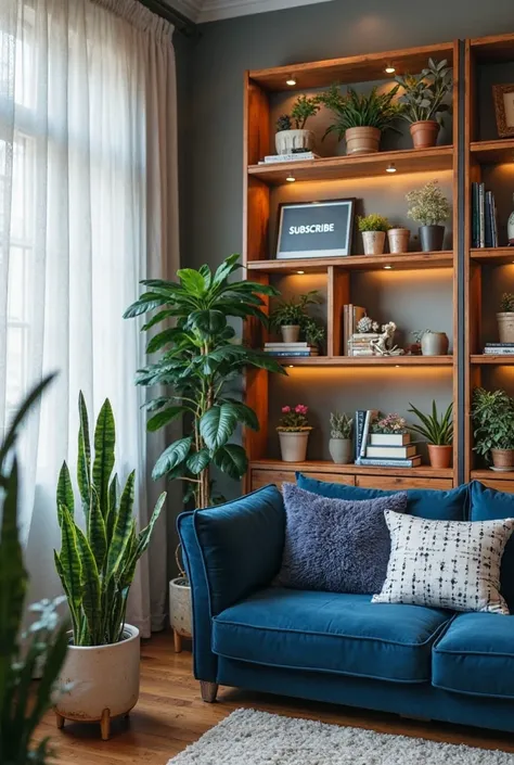 "A modern and cozy podcast studio with a stylish setup. A deep blue couch with decorative pillows is placed against the wall. B...