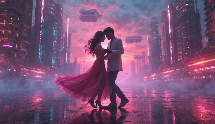 More neon-lit sequences of the couple dancing in a futuristic setting, where everything around them pulses in sync with the beat...
