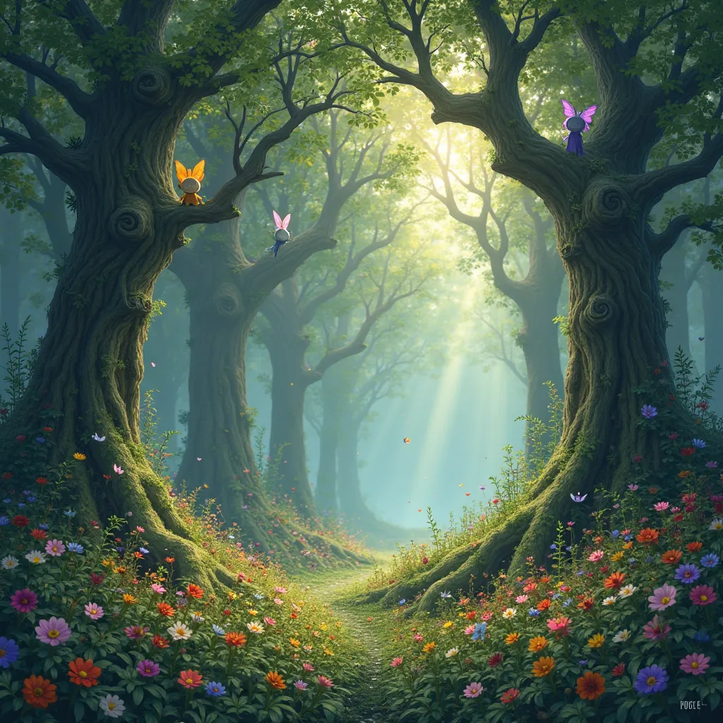 highdefinition images , tree々And seven-colored flowers 、 A mysterious forest with magical beings hidden in branches, 8k, gent...