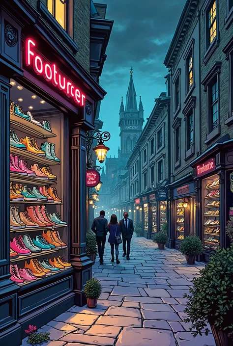 Create an illustration about many kinds of shoes a fotwear sotre in london. Like a gothic comic book