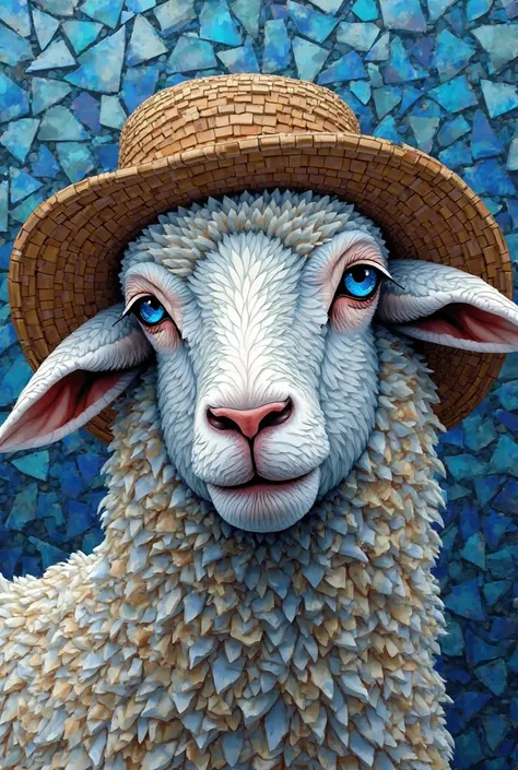 a stunning close-up portrait of a sheep with wearing a hat, its face composed of intricate stained-glass mosaic pieces. The sher...