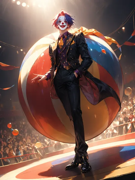 A clown slipping off a large circus ball, mid-fall、 A clown who is laughing cutely and is being misled
, [[Pale and gentle color...