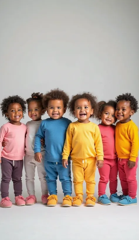 Seven babies standing in a well-lit professional studio. Everyone is wearing colorful and vibrant clothes, transmitting joy and...