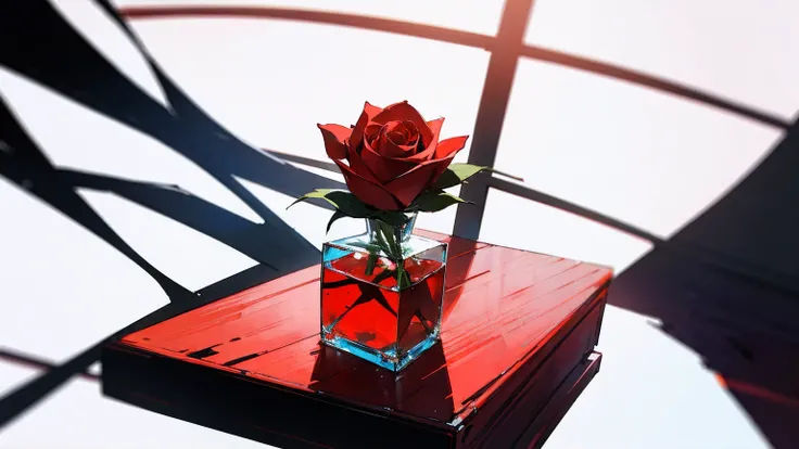 anime, negative space, 1 red rose, It's stuck in a flower, Glass Vase, On a wooden table, 8k, super detail, best quality