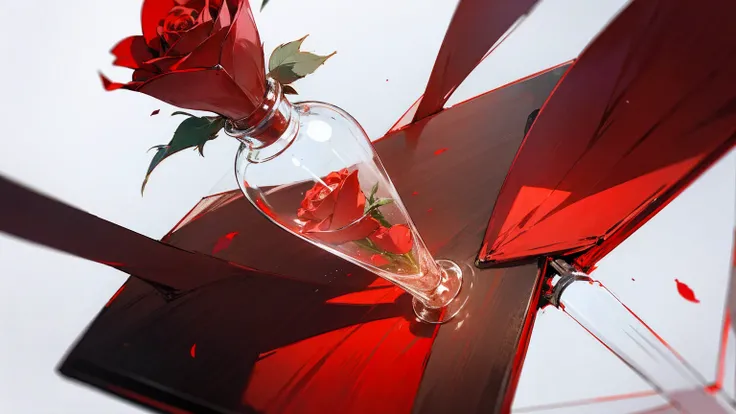anime, negative space, 1 red rose, It's stuck in a flower, Glass Vase, On a wooden table, 8k, super detail, best quality