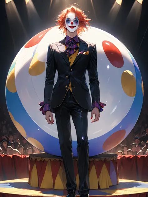 A clown slipping off a large circus ball, mid-fall、 A clown who is laughing cutely and is being misled
, [[Pale and gentle color...