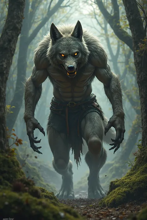 Create me a human wolf that hunts  out of its pants
