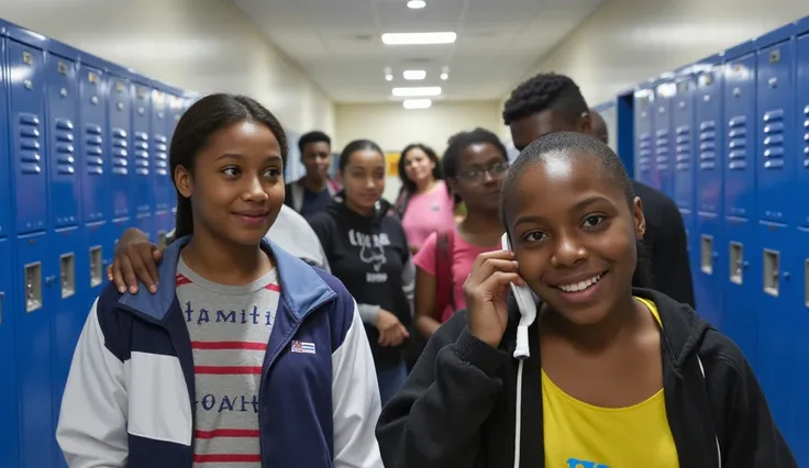 A group of agers in a school hallway, surrounded by blue lockers.A portrait of an African young girl with rich dark skin , holdi...