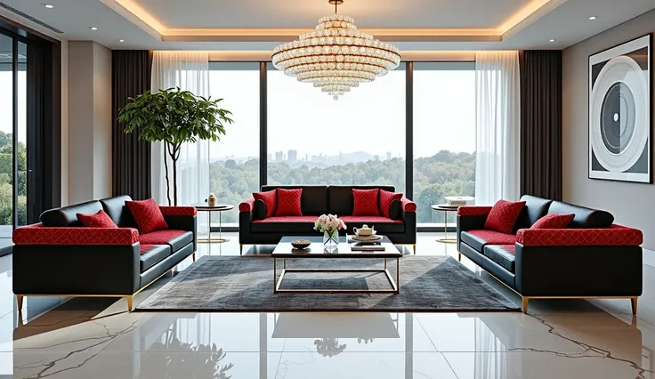"A luxurious, modern living room featuring a stylish set of four upholstered sofas and armchairs with black and red patterned fa...