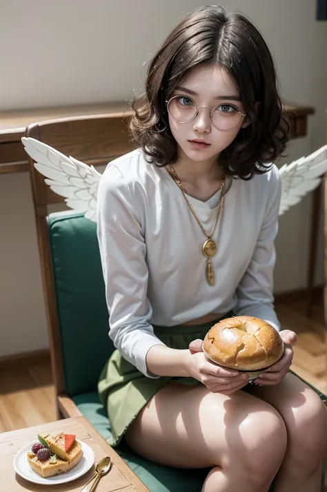 a young girl sitting on the chair with glass table (short straight white hair) (white blouse) (white skirts) white sneakers) (bl...