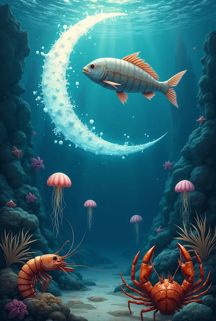 a fish that is under water and taht create a half moon like eid moon and the prawns and the star fish jellyfish lobster crab are...