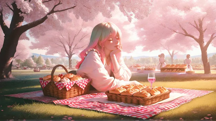 elegant girls having a picnic, cherry blossoms in the background, fresh grass, classic picnic sheet, 8K, highly detailed, photor...