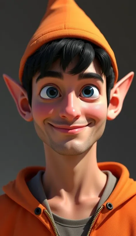 Create adult male animation with European traits, black hair, olhos azuis, unshaven, Pointy Elf Ears, wearing an orange elf cap...