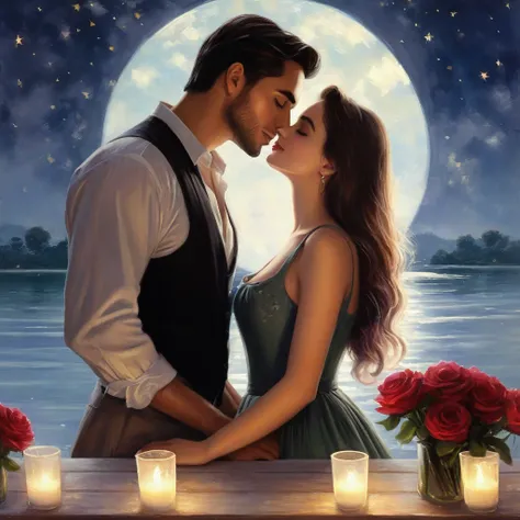 quiet image of a man and a woman standing next to each other, romantic couple, novel cover, romantic scene, romantic painting, ...