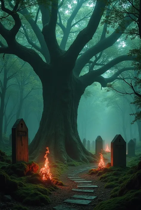 Cemetery in a forest whose graves are branches that extend from a main tree and whose wood is stained with live ash with faint g...
