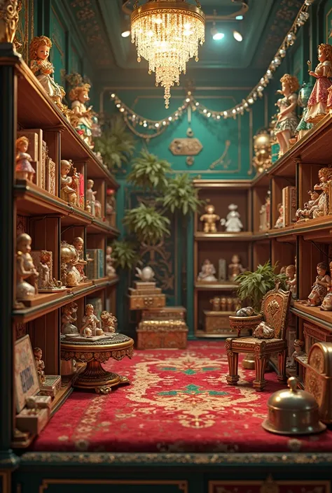 "Luxury VIP toy area on the top shelf of an antique toy store, elegant dollhouse made from vintage jewelry boxes and velvet, pri...