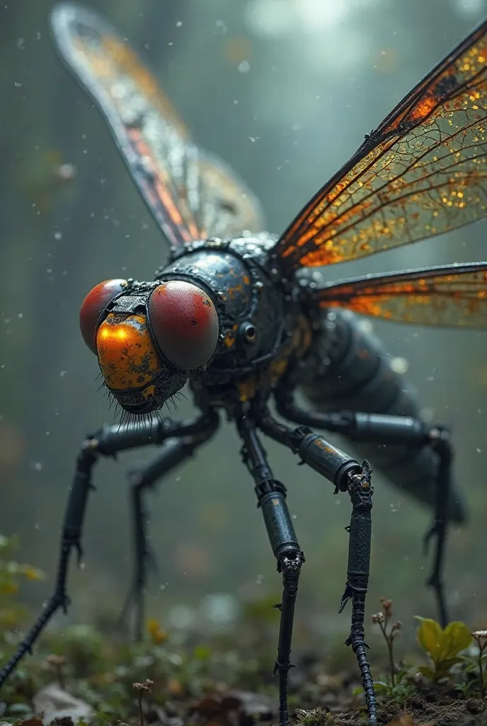 concept scene of a hybrid dragonfly with helicopter,dragonfly with large metal wings,insect body with robotic elements,glowing e...