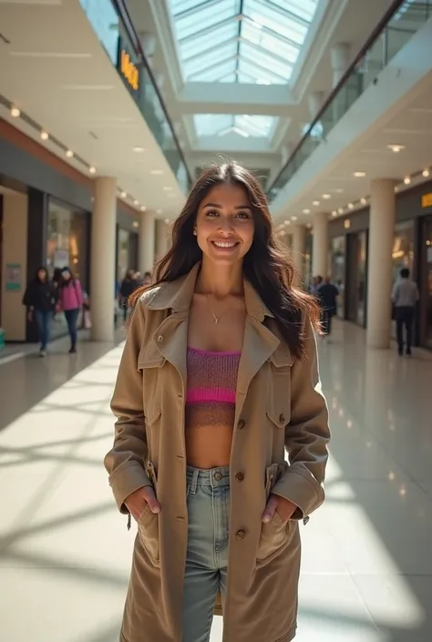 there is a woman standing in a mall with a smile on her face, at a mall, in a mall, appearing in a shopping mall, pilar, in magn...