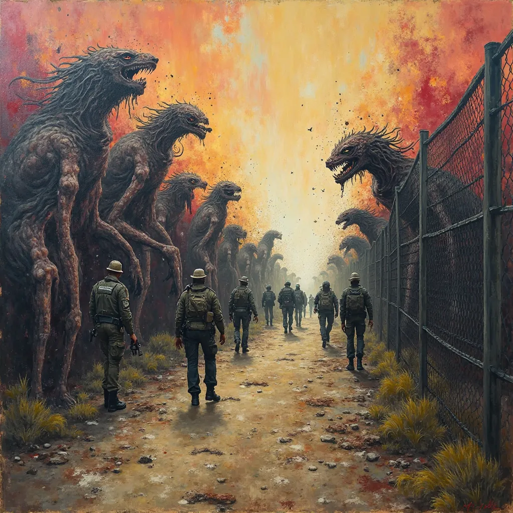 Impressionism, the United states southern border fence with a horde of monsters on one side and border patrol on the other