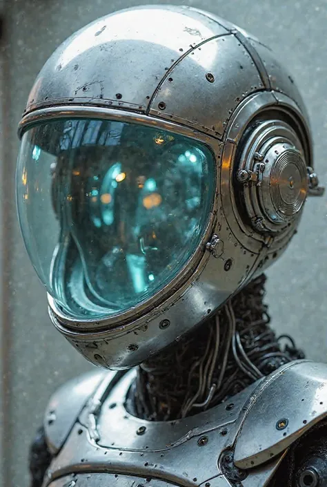 A futuristic stainless steel helmet with a transparent glass visor, through the glass you can see people inside as if they had e...
