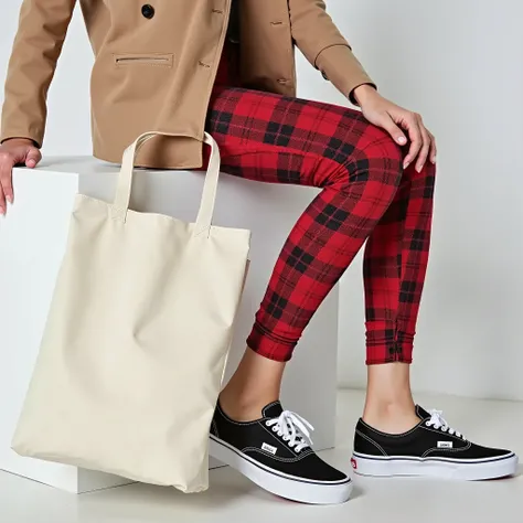 (((Close-up - low angle))) of a trunk of a young, thin woman seated in front of a low white block, wearing tight red plaid pants...