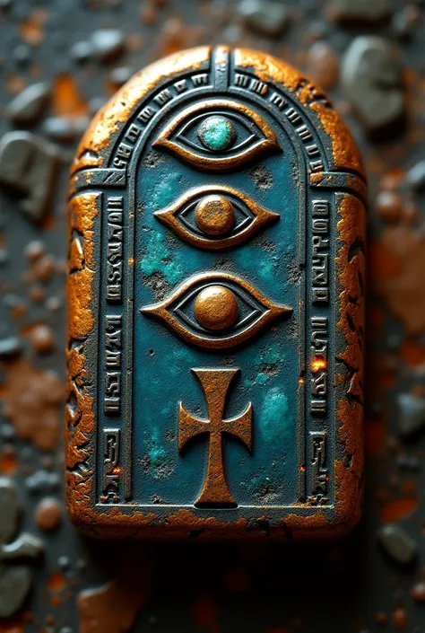 An ancient object that would have the symbol of the Eye of Ra, The Eye of Horus and the Cross of Ankh. that we can clearly disti...