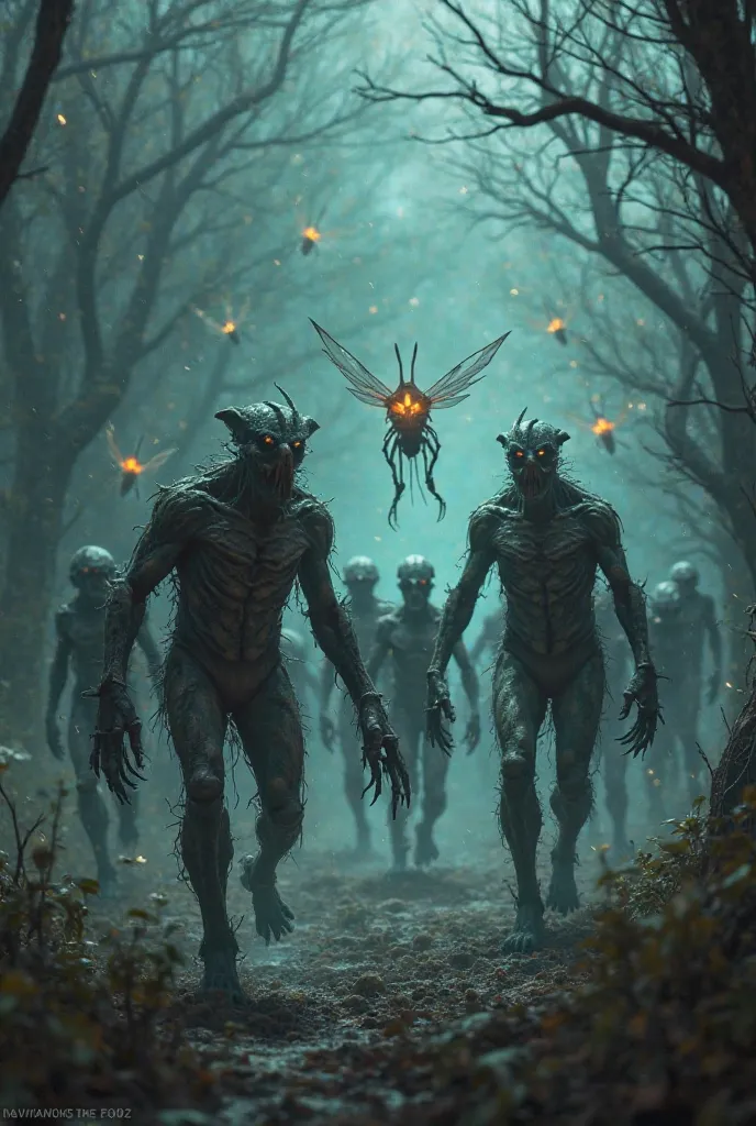 give me photos of viruss monsters and firefly monsters chasing horror people