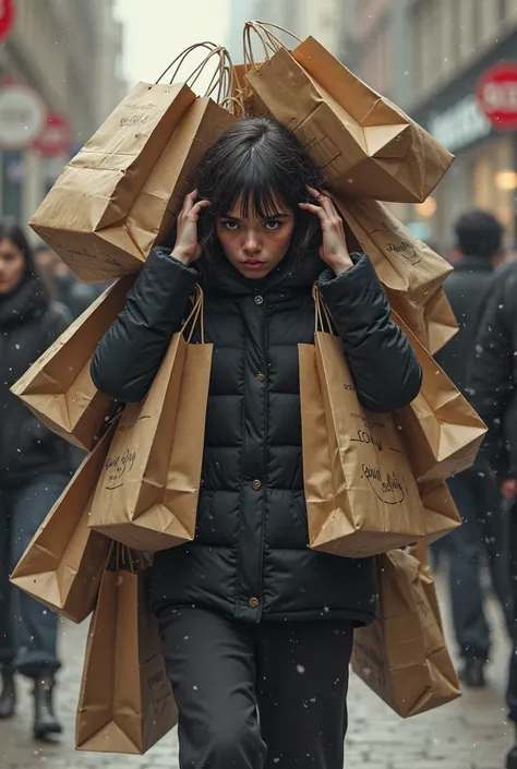 Drawing of a person with a lot of shopping bags but with an empty expression on their face