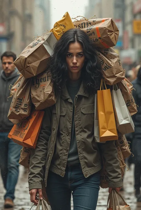 Drawing of a person with a lot of shopping bags but with an empty expression on their face