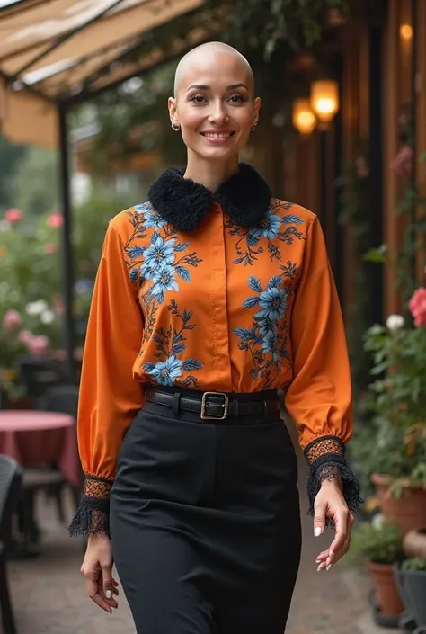 A stunning and elegant bald Christian woman, radiating beauty and sophistication. She wears an orange and blue floral turtleneck...