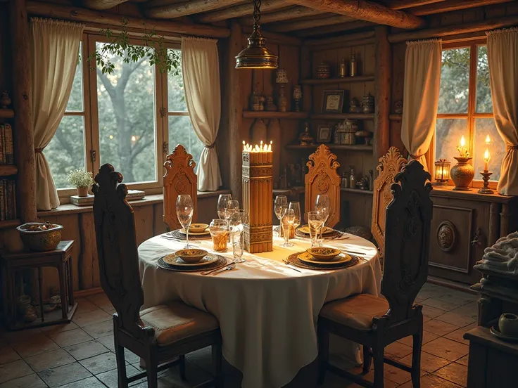 A magical cottage from the inside , a table is set , and on us four large books , which are vertical