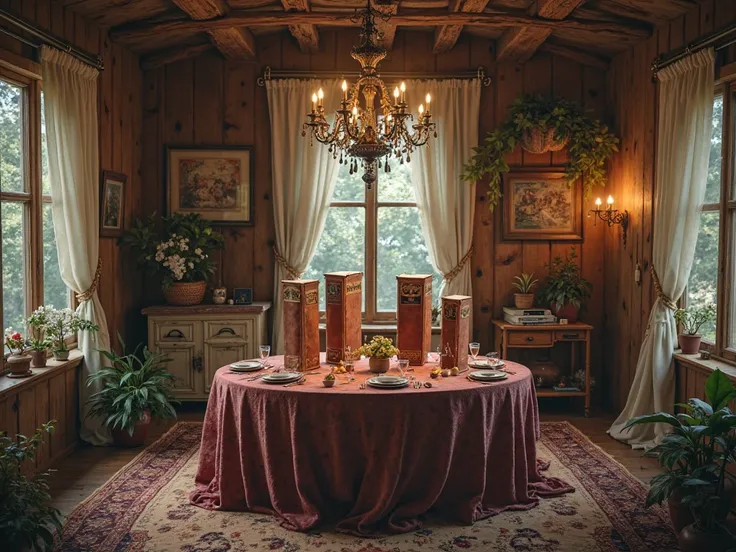 A magical cottage from the inside , a table is set , and on us four large books , which are vertical