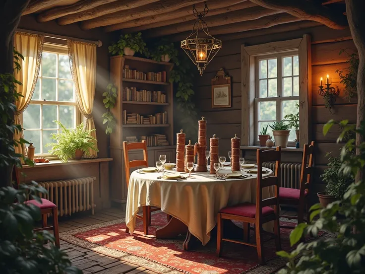 A magical cottage from the inside , a table is set , and on us four large books , which are vertical