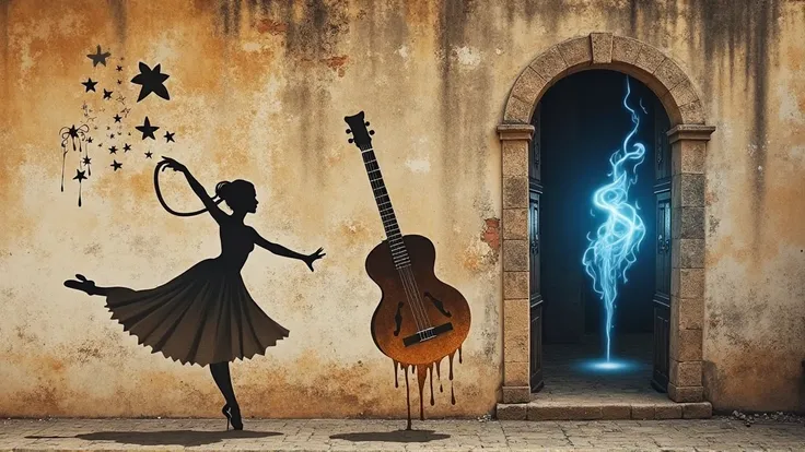on an old stone wall in Seville、the silhouette of a dancer and an upside down guitar are engraved as shadow painting。the head of...