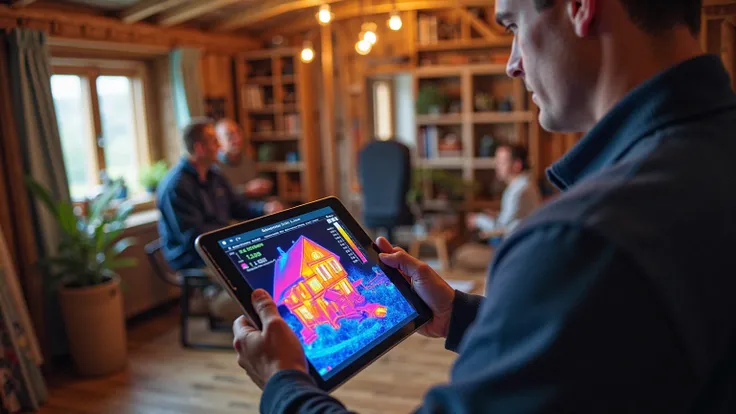 Technicians conducting thermal imaging during a home energy audit, with heat maps shown on a tablet screen next to insulation to...