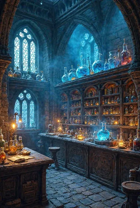This image is of a magical alchemy lab, lit by soft blue light from glowing flasks and lamps. The interior is dominated by dark ...