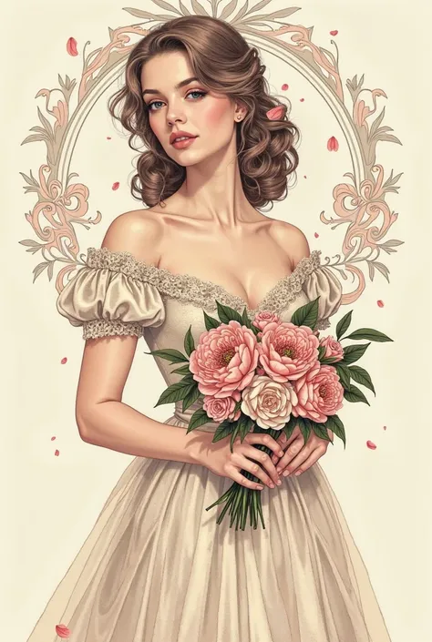 A highly detailed tattoo-style illustration of a vintage-inspired woman wearing an elegant floral dress with delicate lace detai...