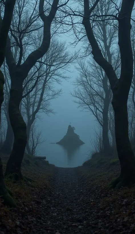 A dark, eerie forest at dusk. The camera is positioned between twisted trees, as if something is watching the viewer. The fog is...