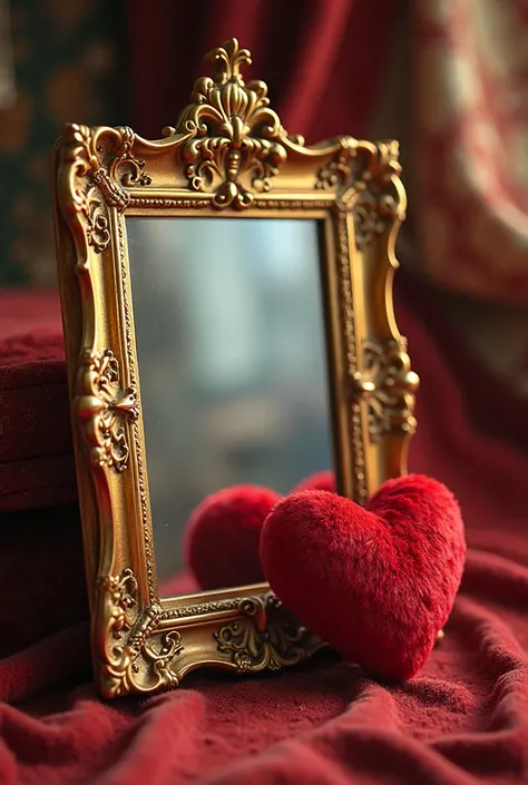 Design me a mirror with a golden frame and a red heart next to it