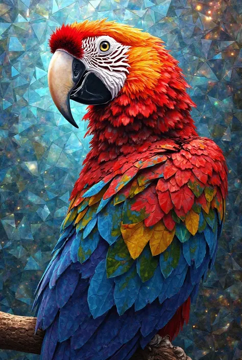Create a mosaic of a macaw with a cool background but not with much detail