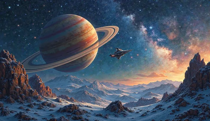 Draw a picture in the style of Ivan Aivazovsky: planet Saturn , spaceship, starry sky