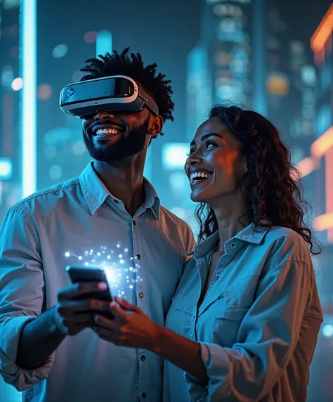 Black man and woman standing smiling using VR through Meta Select D data hologram app contrivance front