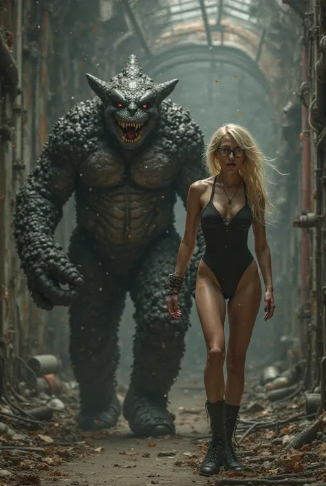 , a black and naked woman and a nice and exuberant monster are fleeing an abandoned factory.. The woman is a blonde Asian steamp...