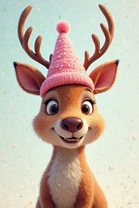 A reindeer with a peppa pig hat