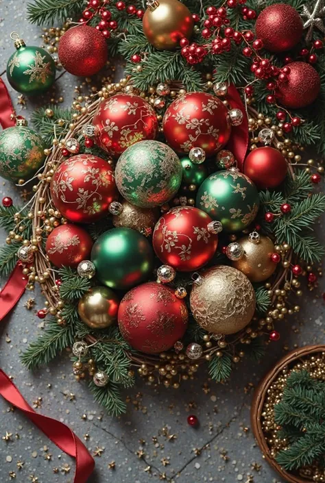 Realistic photo, top view of Christmas balls and Christmas decorations placed in the center on a gray parquet, 8K, fotografia, d...