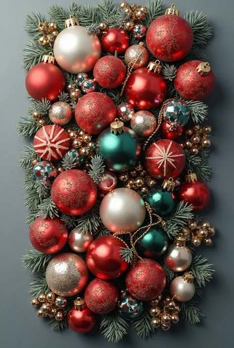 Realistic photo, top view of Christmas balls and Christmas ornaments placed in the center on a gray background, 8K, fotografia, ...
